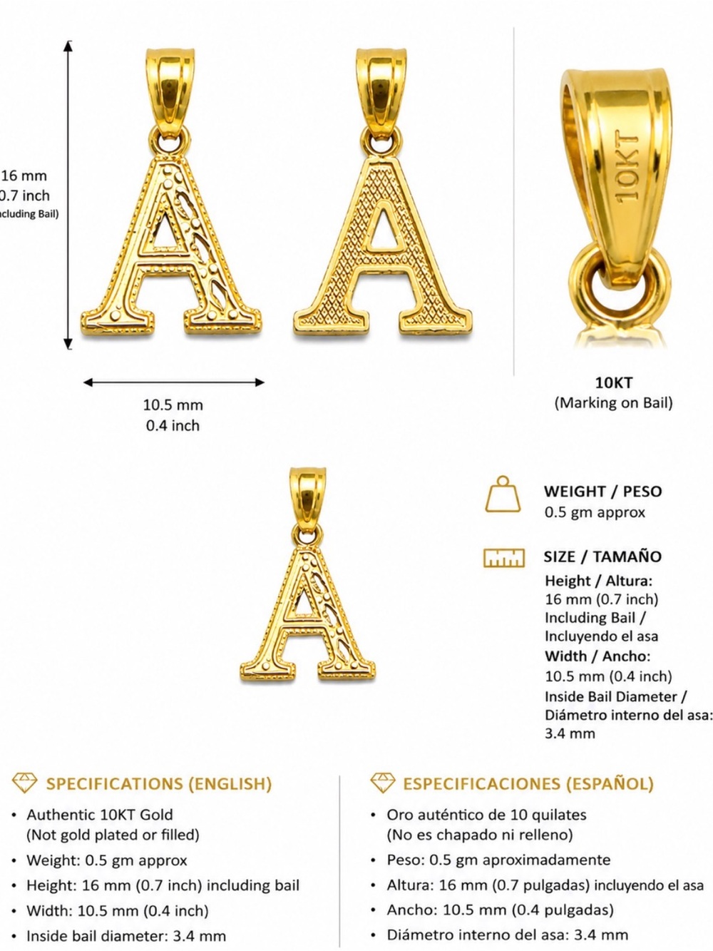 Gold Letter A Initial Pendant - 10KT Yellow Gold